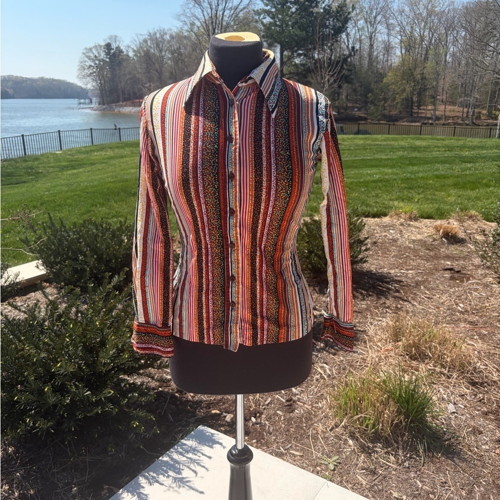 Vintage 70s Huk A Poo Striped Button Up Top Fitted Boho